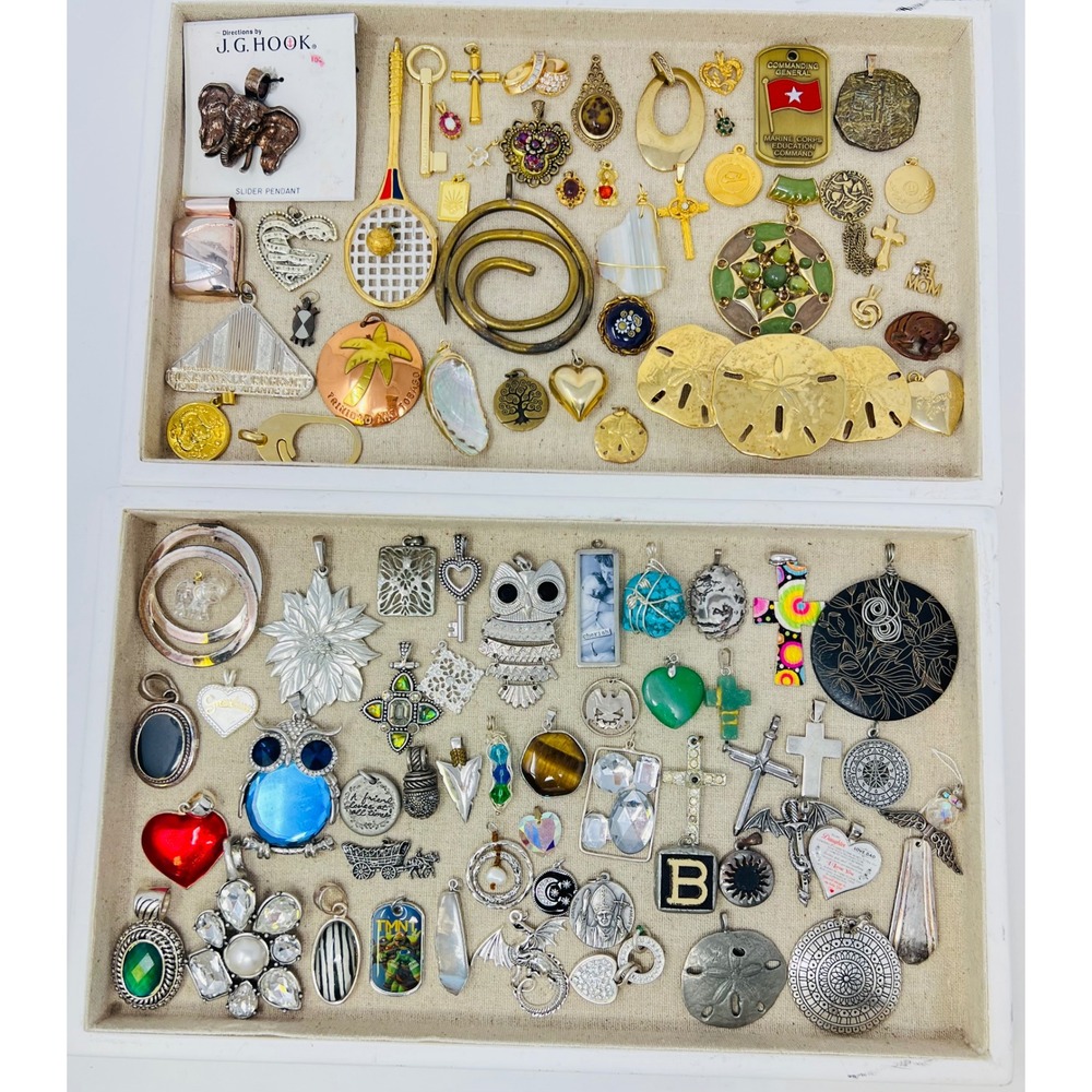 Vintage & Modern Gold & Silver Tone Assorted Necklace Pendant & Charm Lot of  70